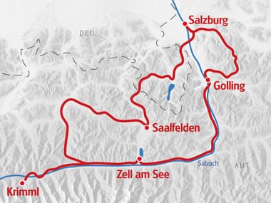 Radroute Karte mit einer Rundstrecke durch das Salzburger Land, die Krimml, Zell am See, Saalfelden, Golling und Salzburg verbindet.
