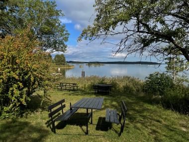 Holzpicknicktische auf grasbewachsenem Ufer mit Blick auf ruhigen See mit Bäumen. Blauer Himmel mit Wolken, Schilf am Wasser bei Trosa.