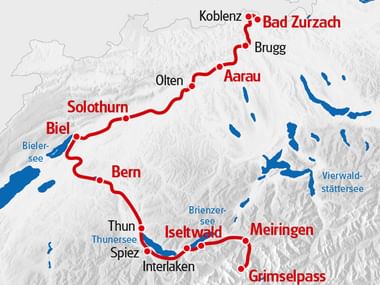 Die Velotour Aare Route von Eurotrek startet auf dem Grimselpass und führt der Aare entlang bis nach Bad Zurzach.