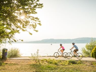 Zwei Radfahrer fahren entlang des Ufers des Murtensees mit Bäumen und Hügeln im Hintergrund an einem sonnigen Tag.