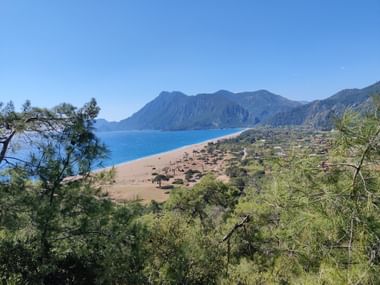 Blick auf Sandstrand mit grünes Landschaft und Bergen im Hintergrund