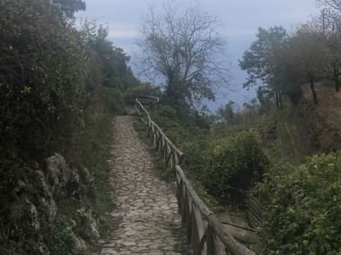 Kopfsteinpflaster-Wanderweg mit Holzgeländer, der sich durch mediterrane Vegetation am Anfang der Amalfiküsten-Wanderung schlängelt.