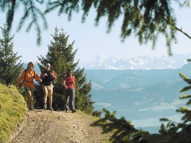 Eine Gruppe Wanderer auf den steinigen Wanderwegen mit Blick auf die verschneite Bergkette