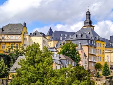 Die wunderschöne Stadt Luxembourg hinter Tannenbäumen und unter blauem Himmel.