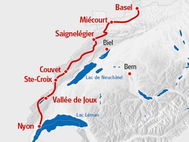 Karte, die einen Weg bon Basel nach Nyon aufzeigt