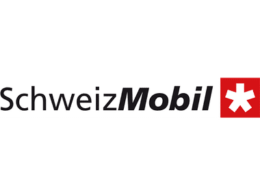 SchweizMobil Logo mit schwarzem Text, wobei 'Mobil' fett gedruckt ist, begleitet von einem roten Quadrat mit weißem Schweizer Kreuz.