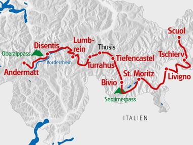 Die Velotour Alpine Bike Graubünden Ost von Eurotrek startet in Scuol und führt über den Septimerpass und Oberalppass bis nach Andermatt.