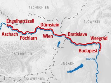 Karte des Donauradwegs von Engelhartszell nach Budapest über Wien, Bratislava und Visegrád. Rote Linie markiert die Route entlang der blauen Donau.