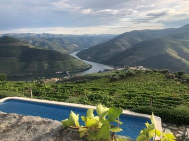 Swimmingpool mit Blick auf terrassierte Weinberge und den gewundenen Douro-Fluss in Casal de Loivos. Grüne Hügel und Berge unter bewölktem Himmel.