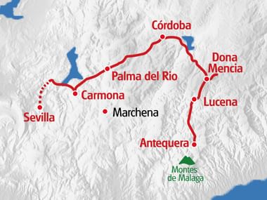 Karte mit Radroute in Andalusien durch Sevilla, Carmona, Palma del Río, Córdoba, Dona Mencía, Lucena und Antequera mit Geländerelief.