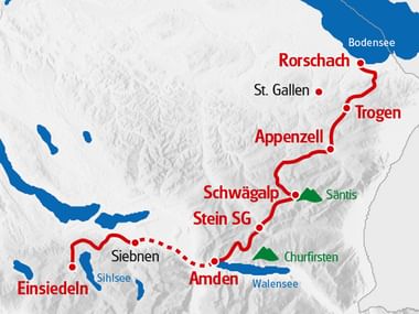 Karte Alpenpanaramaweg Rorschach - Einsiedeln Route in roter Farbe markiert.