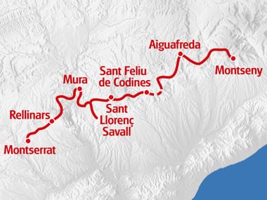 Reliefkarte mit roter Wanderroute von Montserrat über Rellinars, Mura, Sant Feliu de Codines, Sant Llorenç Savall, Aiguafreda nach Montseny in Katalonien.
