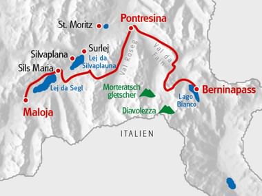 Karte einer Strecke des Trailrunning vom Berninapass über Pontresina nach Maloja
