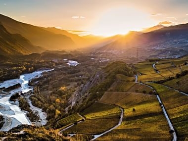 Luftaufnahme des Naturparks Pfyn-Finges bei Sonnenuntergang mit einem gewundenen Fluss durch Weinberge und Berge. Goldenes Licht erhellt das Tal.