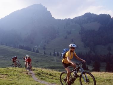 Mehrere Velofahrer auf dem Risipass im Kanton St. Gallen. Veloferien mit Eurotrek.