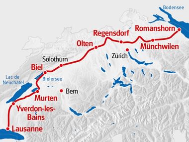 Wegbeschreibung der Mittelland-Route von Romanshorn am Bodensee nach Lausanne am Genfersee.