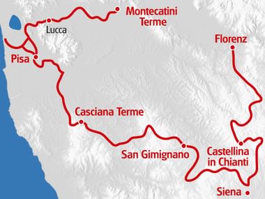 Karte mit Radroute durch die Toskana mit Stopps in Florenz, Siena, Castellina in Chianti, San Gimignano, Casciana Terme, Pisa, Lucca und Montecatini Terme.