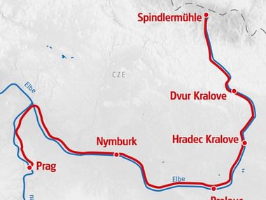 Kartenansicht von der Eurotrek-Reise Elbquelle nach Prag.