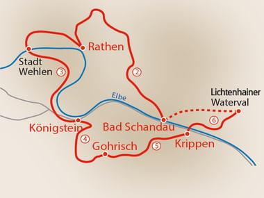 Karte des Malerwegs mit nummerierten Abschnitten durch deutsche Orte wie Rathen, Bad Schandau, Königstein, Gohrisch und Krippen entlang der Elbe.
