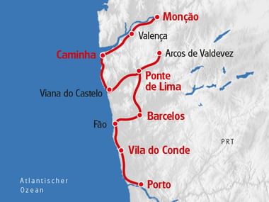 Karte mit roter Route von Monção über Valença, Caminha, Ponte de Lima, Barcelos, Vila do Conde nach Porto entlang Portugals Atlantikküste.