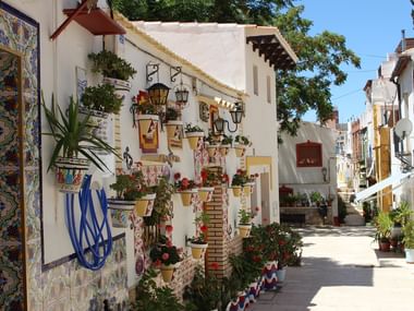 Ein schmaler Weg führt durch eine klassische Häuserreihe in Alicante.