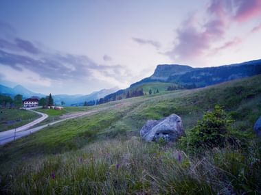 Schweizer Berglandschaft in der Dämmerung Grüne Hügel mit großem Felsbrocken im Vordergrund, gewundene Straße zu traditionellem Schweizer Haus, dramatische Bergklippen unter lila-rosa Himmel.