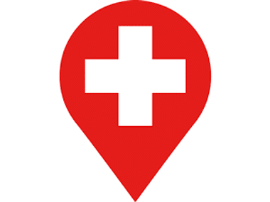 Rote Kartennadel mit weißem Schweizer Kreuz in der Mitte, das das Wegwandern-Markenlogo darstellt.