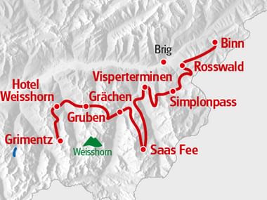 Karte Alpenpässe Weg Binntal - Grimentz Route in roter Farbe markiert.