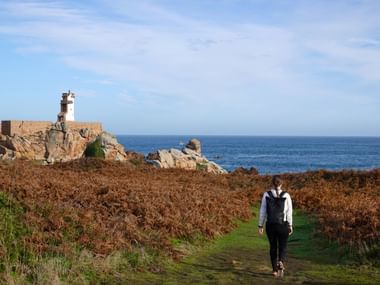 Wanderer auf grünem Weg durch braune Farne zum Leuchtturm auf rosa Granitfelsen auf Île de Bréhat, Bretagne. Blaues Meer und Himmel sichtbar.