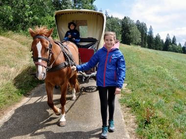 Ein Kind führt das Pferd eines Planwagens, welche mit einem Fahrgast über eine schöne Wiesenlandschaft im Jura fährt.