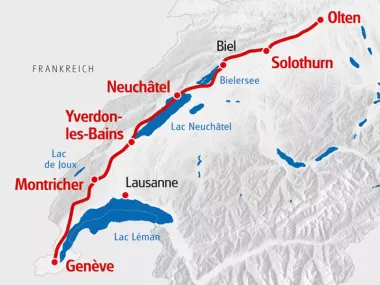 Eine Karte mit der Jura Südfuss Route eingezeichnet.