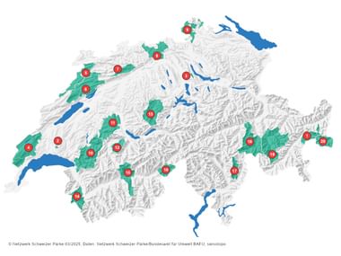 Karte der Schweizer Pärke mit Nummern Topografische Karte der Schweiz mit Schweizer Pärken in Grün und roten nummerierten Markierungen von 1-20. Blaue Bereiche zeigen Seen und Flüsse.