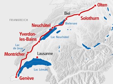 Landkarte vom Jura Suedfuss, für die Route von Olten nach Genève.