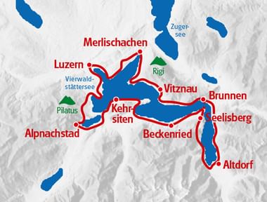 Waldstätterweg Route in roter Farbe auf der Karte markiert.