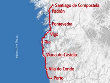 Karte der Radroute von Porto nach Santiago de Compostela entlang der Atlantikküste über Vila do Conde, Viana do Castelo, Oia, Vigo, Pontevedra und Padrón.