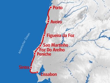 Karte mit Radroute von Porto nach Lissabon entlang der portugiesischen Küste, mit Städten Aveiro, Figueira da Foz, São Martinho, Foz Do Arelho, Peniche, Sintra.