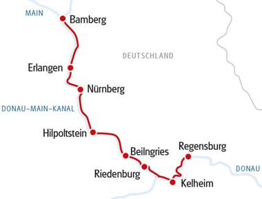 Karte der MS CASANOVA Kreuzfahrtroute von Regensburg nach Bamberg über den Donau-Main-Kanal durch Kelheim, Riedenburg, Beilngries, Hilpoltstein, Nürnberg und Erlangen.