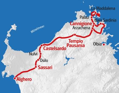 Karte mit roter Radroute durch Nord-Sardinien, die Alghero, Sassari, Castelsardo, Tempio Pausania, Cannigione und La Maddalena verbindet.
