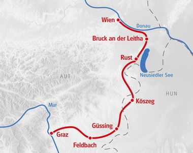 Karte der Meridiem Trail Radroute von Wien nach Graz über Bruck an der Leitha, Rust, Kőszeg, Güssing und Feldbach entlang der Donau.