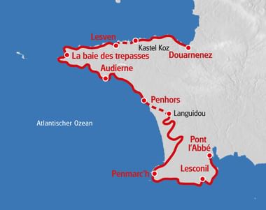 Karte mit einer roten Wanderroute entlang der Südküste der Bretagne von Lesconil bis Douarnenez über Penhors, Audierne und andere Küstenorte.