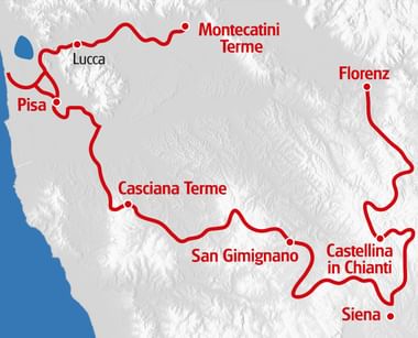 Karte mit Radroute durch die Toskana mit Stopps in Florenz, Siena, Castellina in Chianti, San Gimignano, Casciana Terme, Pisa, Lucca und Montecatini Terme.