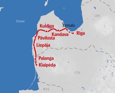 Karte mit Radroute durch Lettland und Litauen, die Riga, Jūrmala, Kandava, Kuldiga, Pavilosta, Liepāja, Palanga und Klaipėda verbindet.