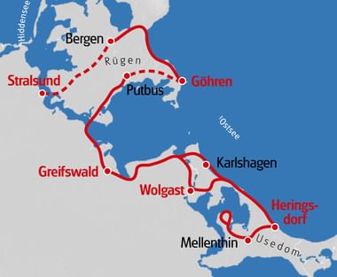 Karte mit Radroute durch die deutschen Inseln Rügen und Usedom. Rote Linie verbindet Städte: Bergen, Putbus, Göhren, Stralsund, Greifswald, Wolgast, Karlshagen, Heringsdorf und Mellenthin.