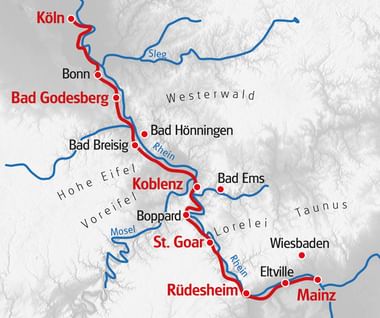 Karte des Rhein-Radwegs von Mainz bis Köln über Rüdesheim, St. Goar, Koblenz, Bad Godesberg und Bonn entlang des Rheins.