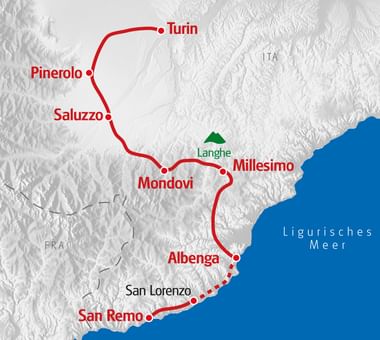 Reliefkarte mit Radroute von Turin über Pinerolo, Saluzzo, Mondovi, Millesimo und Albenga nach San Remo entlang der ligurischen Küste.