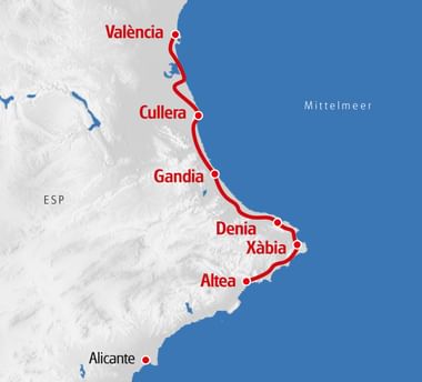 Karte der Radroute entlang der Costa Blanca von Valencia über Cullera, Gandia, Denia, Xàbia nach Altea. Rote Linie markiert die Route an der Mittelmeerküste.