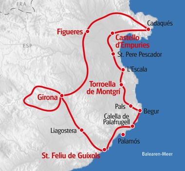 Karte mit Gravelbike-Route in Nordkatalonien mit roter Linie, die Städte wie Figueres, Cadaqués, Girona und St. Feliu de Guíxols verbindet.
