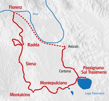 Topografische Karte der Toskana mit roter Radroute von Florenz über Radda, Siena, Montepulciano, Montalcino bis Passignano Sul Trasimeno.