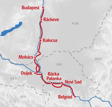 Karte mit Radroute von Budapest über Ráckeve, Kalocsa, Mohács, Osijek, Bačka Palanka und Novi Sad nach Belgrad entlang der Donau.
