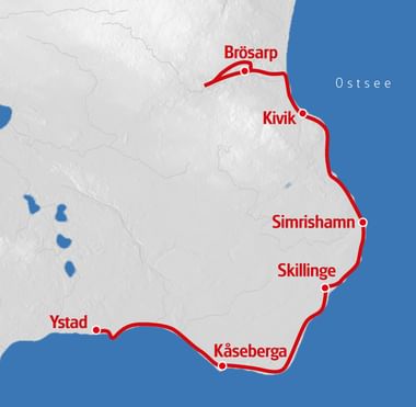 Karte des Österlenleden Wanderwegs in Südschweden entlang der Ostseeküste, der die Orte Brösarp, Kivik, Simrishamn, Skillinge, Kåseberga und Ystad verbindet.